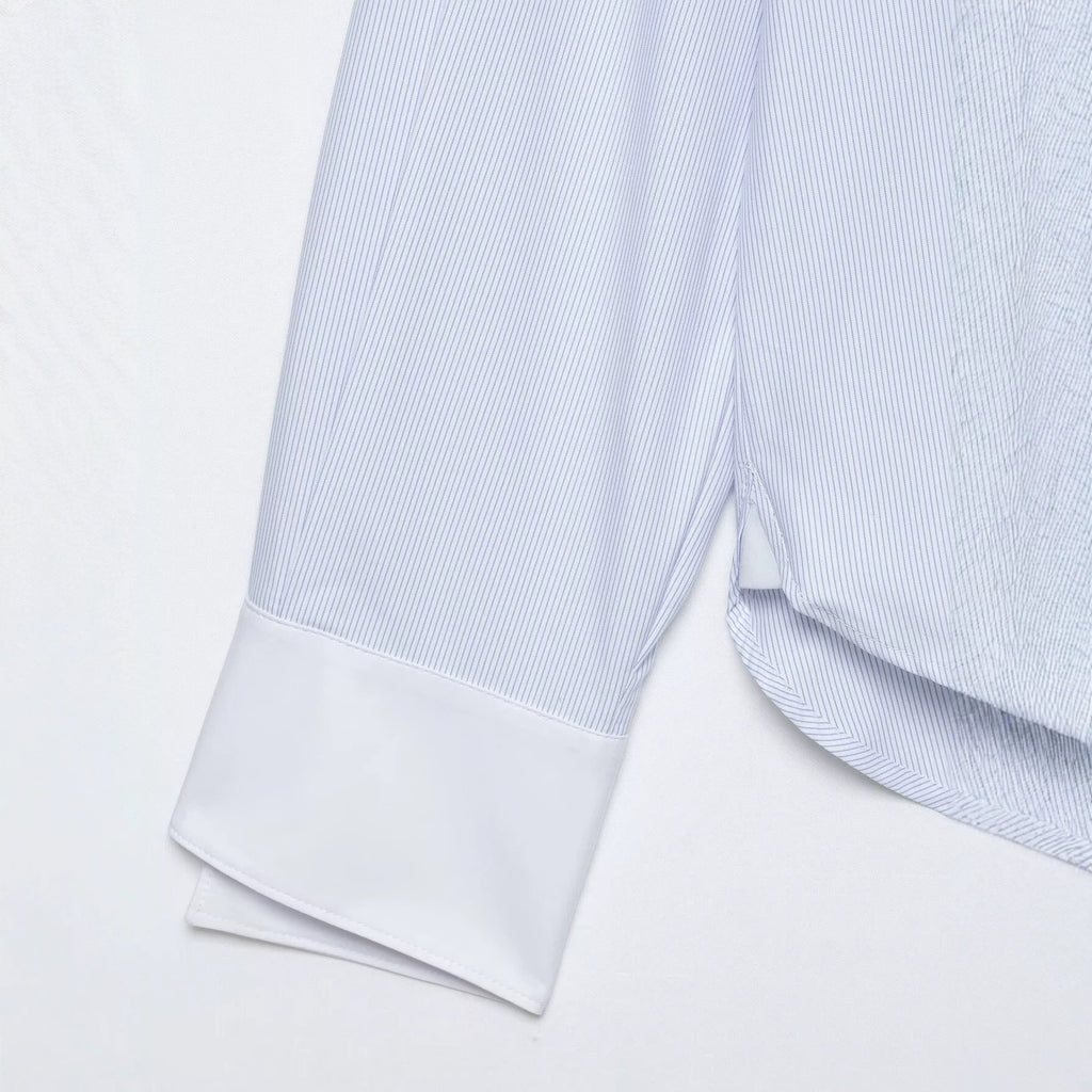 Color blocked knot buckle long sleeved lapel shirt for women