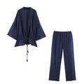 Loose semi transparent pleated effect jacket+pants set for women
