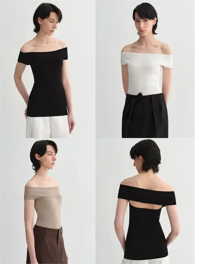 Camiseta de verano para mujer de punto, elegante, sin tirantes, de un solo hombro, multicolor y con mezcla de seda de morera