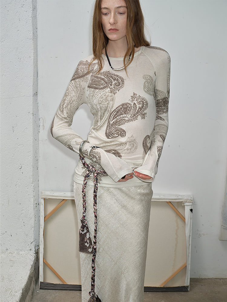 Tencel Wool Original Cashew Print Round Neck Slim Long Sleeve and Skirt"Vintage Gene"