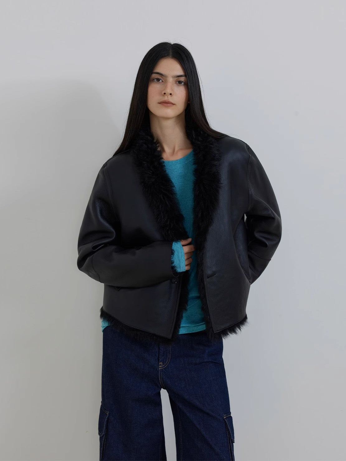 Abrigo reversible de piel de oveja toscana con cuello alto "La noche de Beethoven"