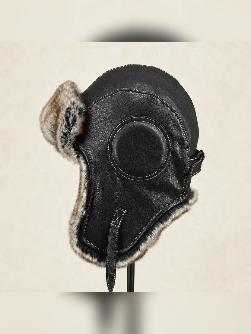 Chapka d'aviateur unisexe en cuir de mouton véritable style vintage
