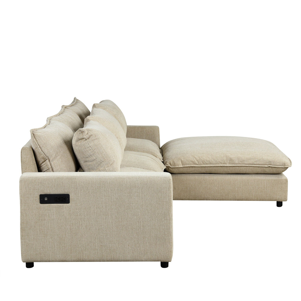 128" Sectional Sofa Cloud Sofa Chenille Upholstered Sofa  Couch With Movable Ottoman, Comfortable Seat Cushions, Chargin
