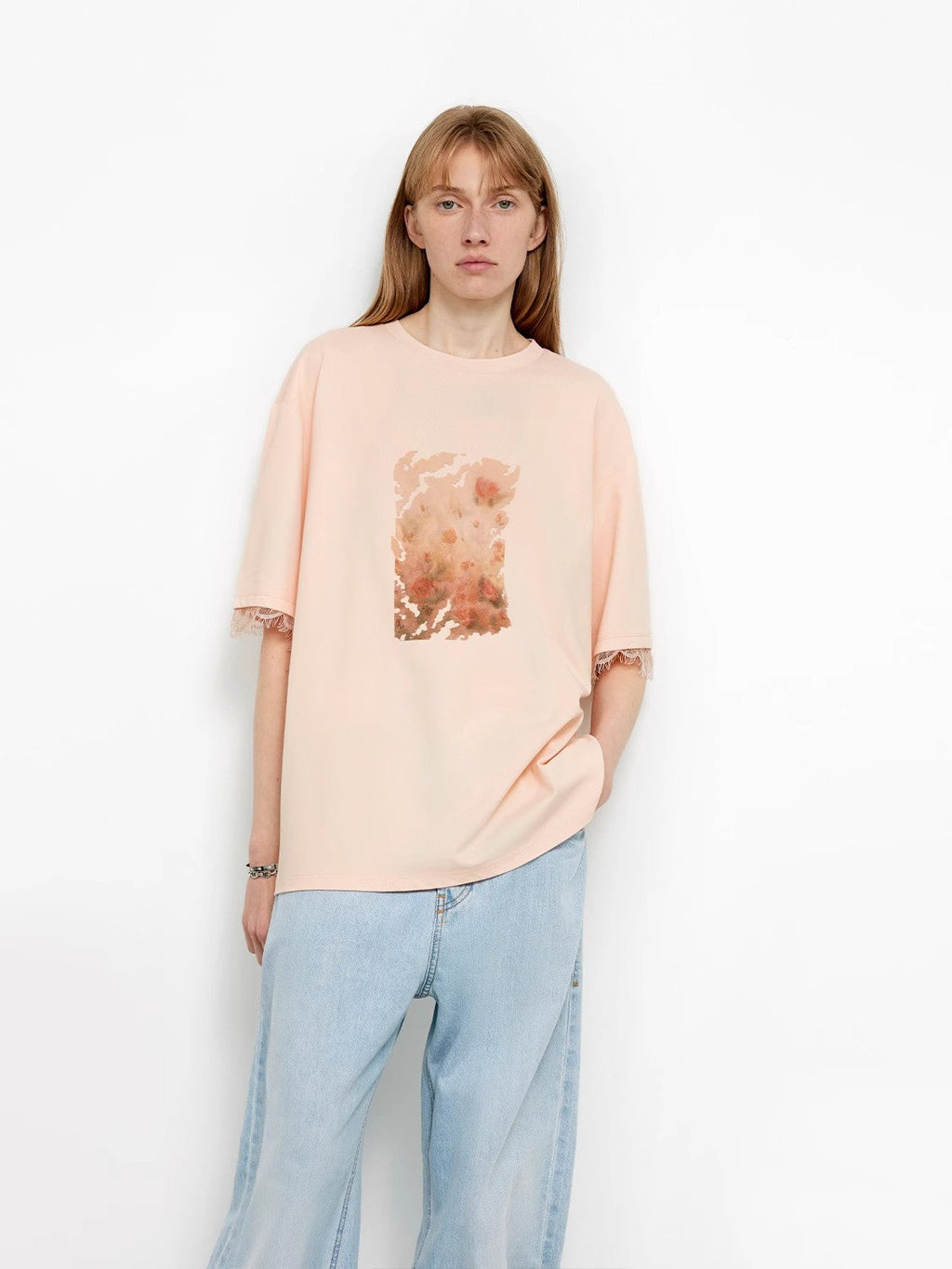 Printed Attitude Original Printed Cuffs Spliced Lace T-Shirt