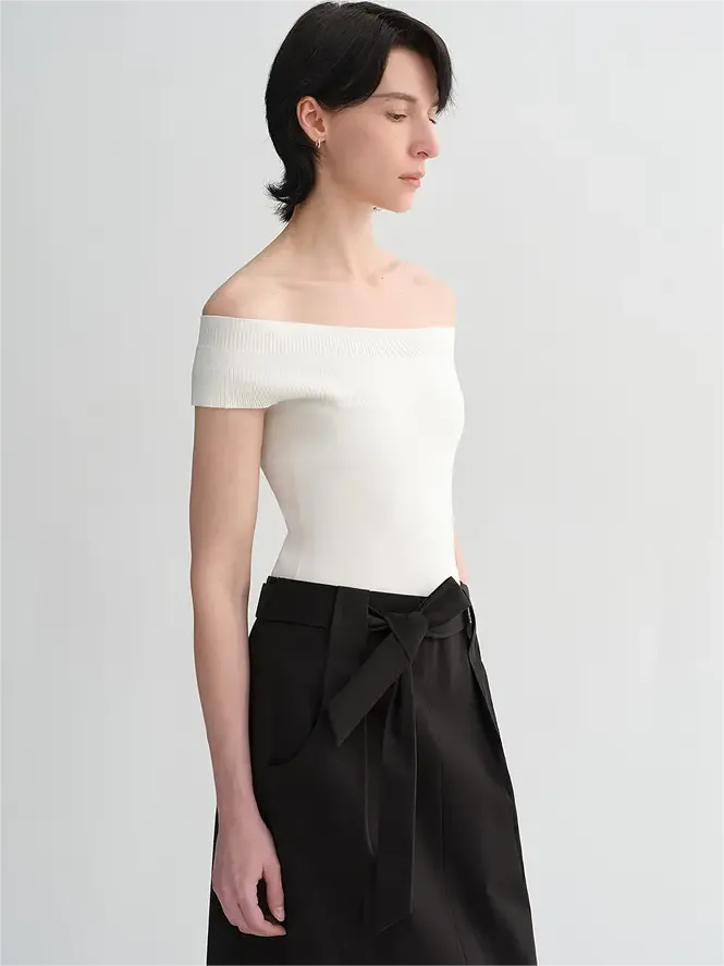 Camiseta de verano para mujer de punto, elegante, sin tirantes, de un solo hombro, multicolor y con mezcla de seda de morera