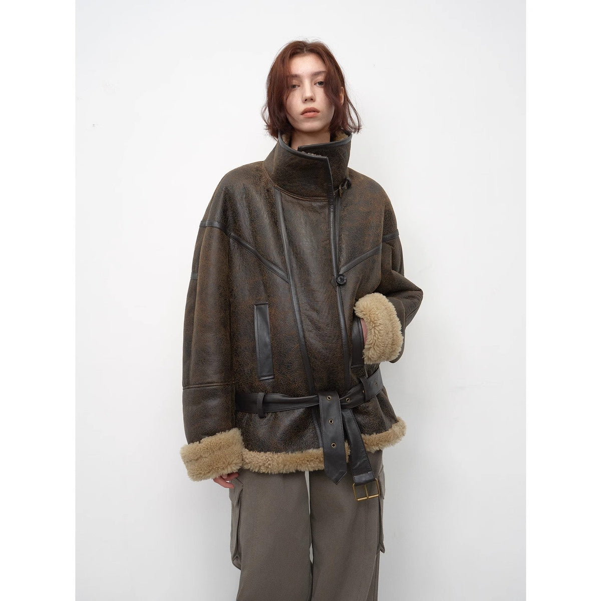 Chaqueta de invierno estilo motociclista "London Street" de una pieza en piel de merino importada