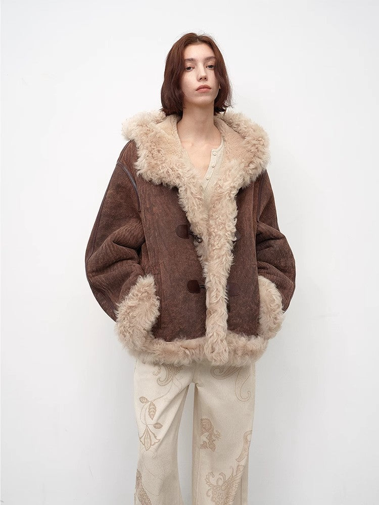 "Modern Weekend" Drop Shoulder Hooded Merino Wool Sheepskin Fur Coat Winter