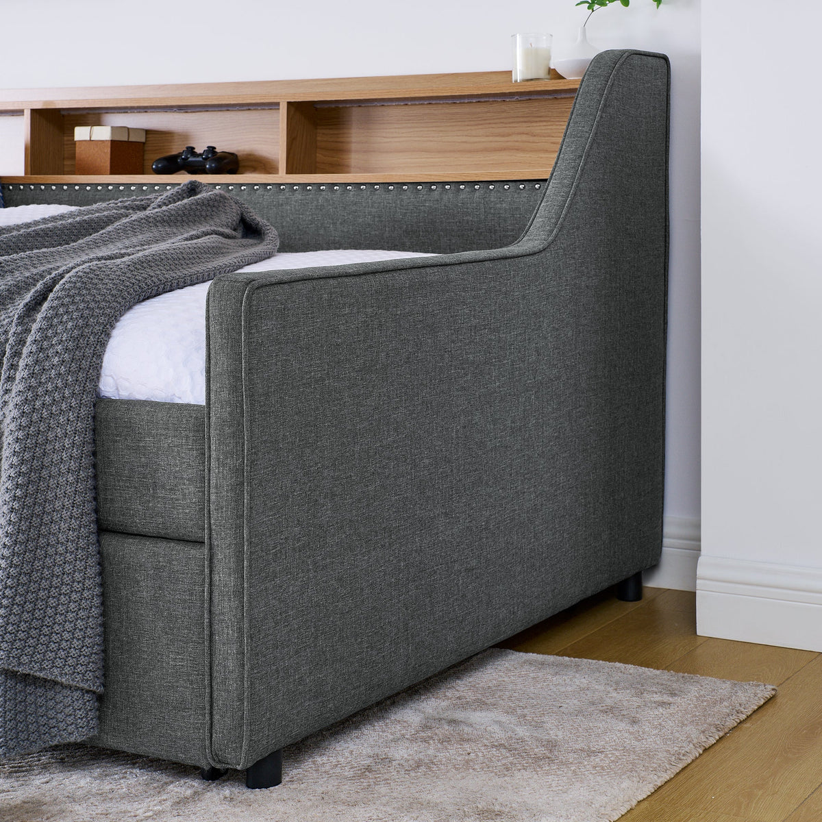Twin Size Upholstery Sofa Bed With Three LED Lights, With Storage Adjustable Headboard, With Two Storage Pull Up Drawers