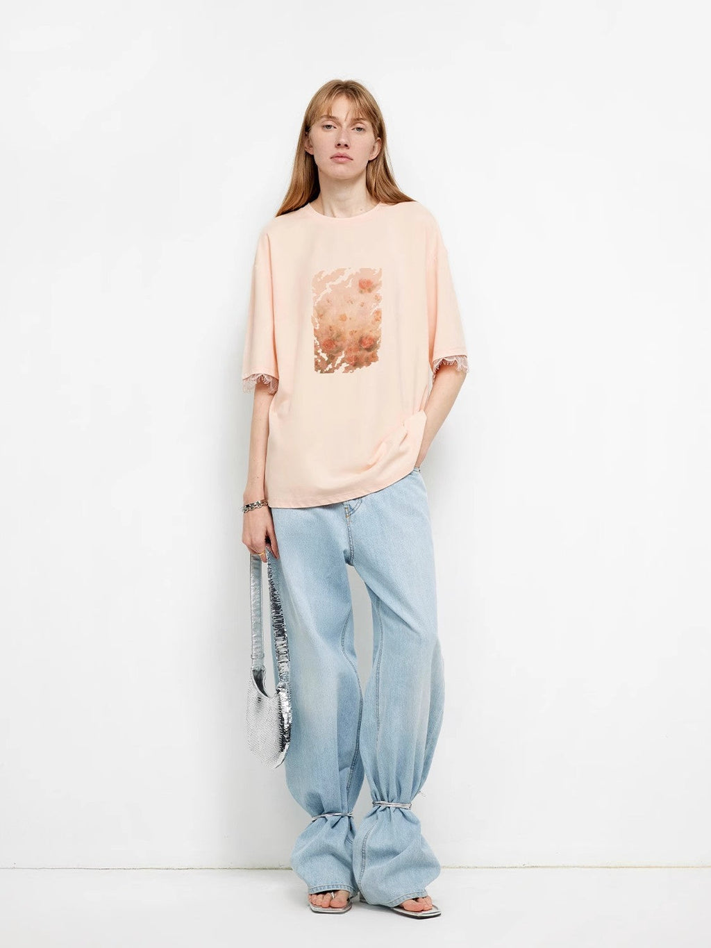 Printed Attitude Original Printed Cuffs Spliced Lace T-Shirt