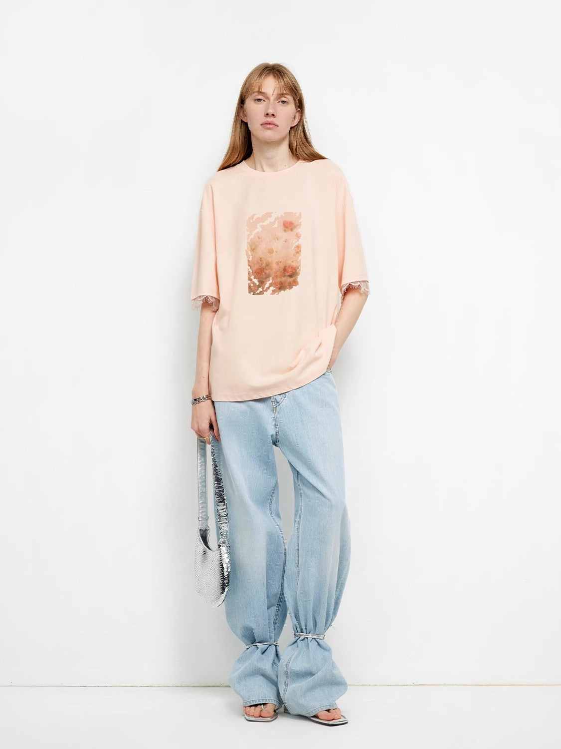 Printed Attitude Original Printed Cuffs Spliced Lace T-Shirt