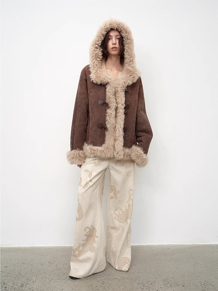 "Modern Weekend" Drop Shoulder Hooded Merino Wool Sheepskin Fur Coat Winter
