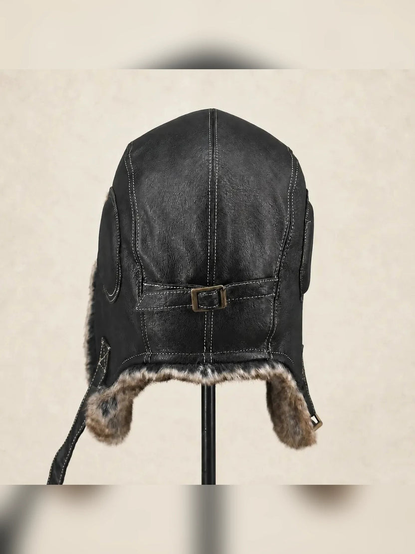 Chapka d'aviateur unisexe en cuir de mouton véritable style vintage