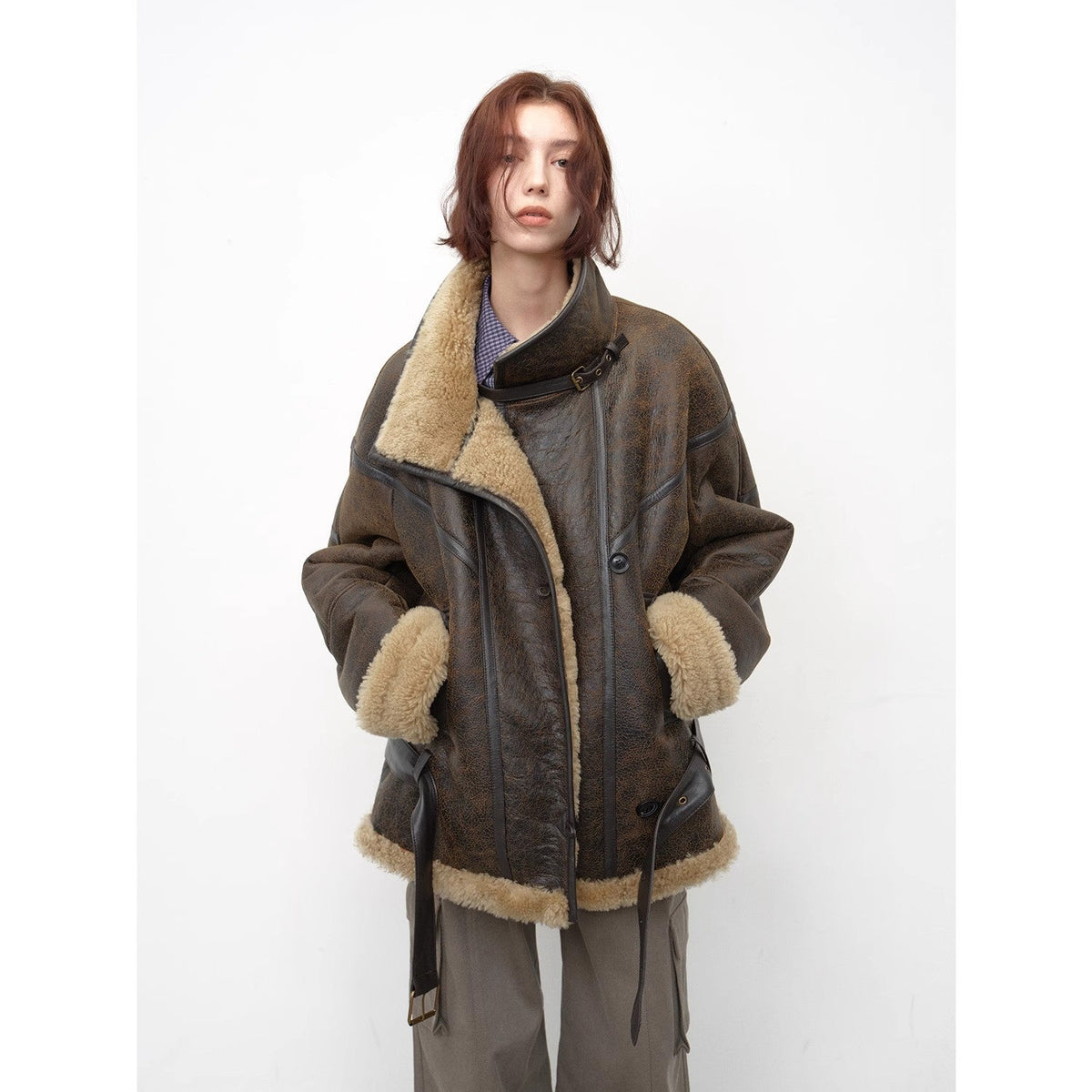 Chaqueta de invierno estilo motociclista "London Street" de una pieza en piel de merino importada