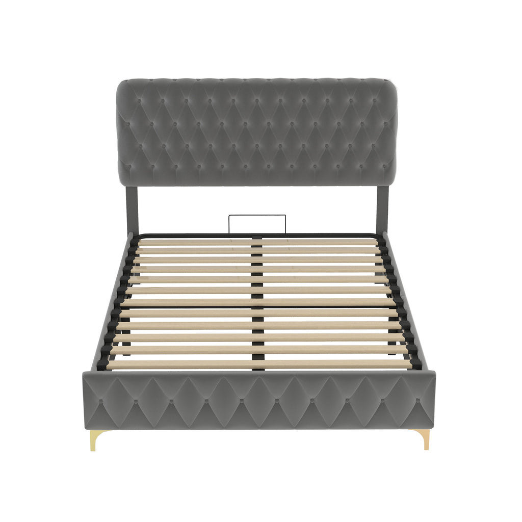 Queen Platform Bed Frame With Pneumatic Hydraulic Function, Velvet Upholstered Bed With Deep Tufted Buttons, Lift Up Sto