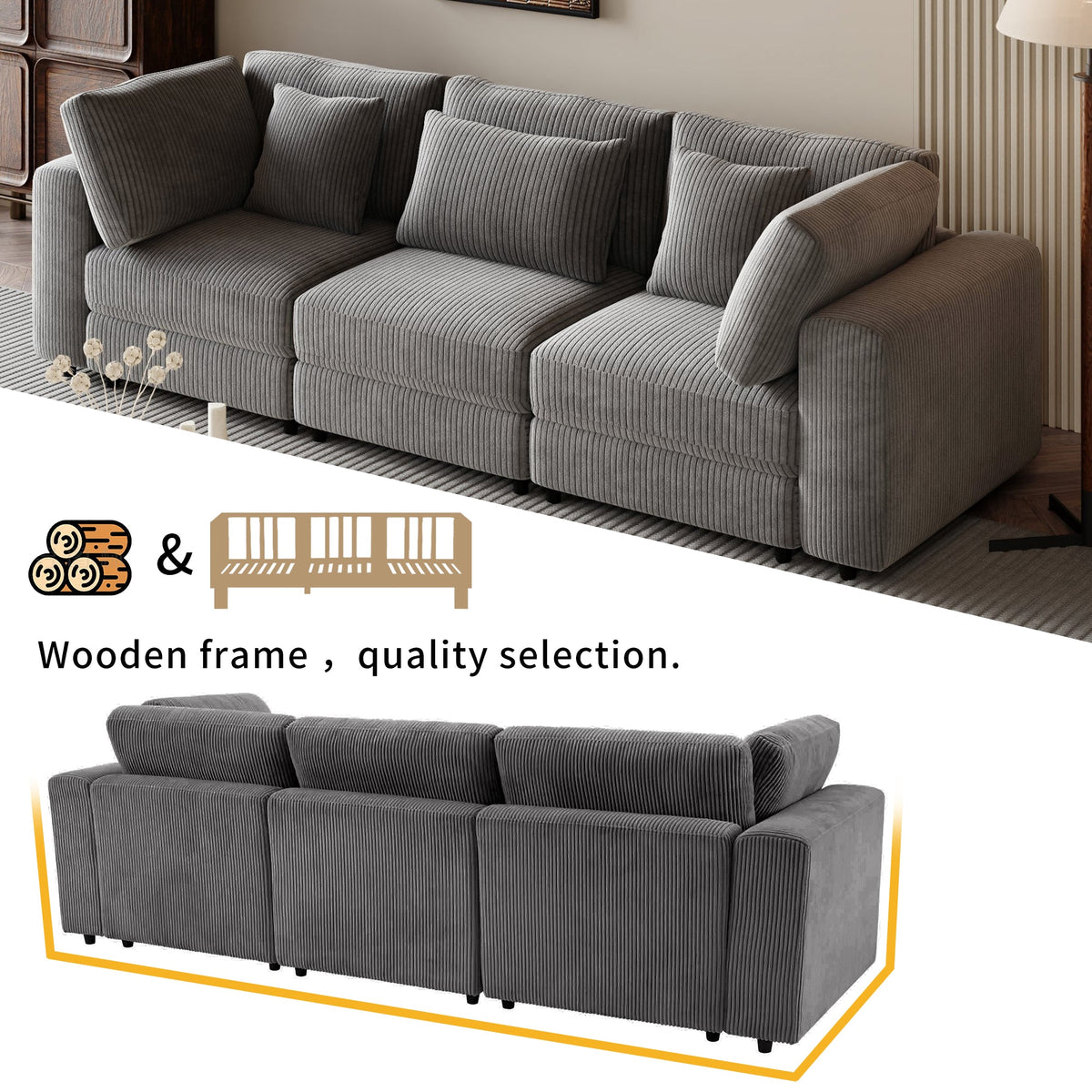 105'' 3 Seater Sofa With Removable Back Cushions and 5 Pillows , for Living Room, Apartment, Spacious Space