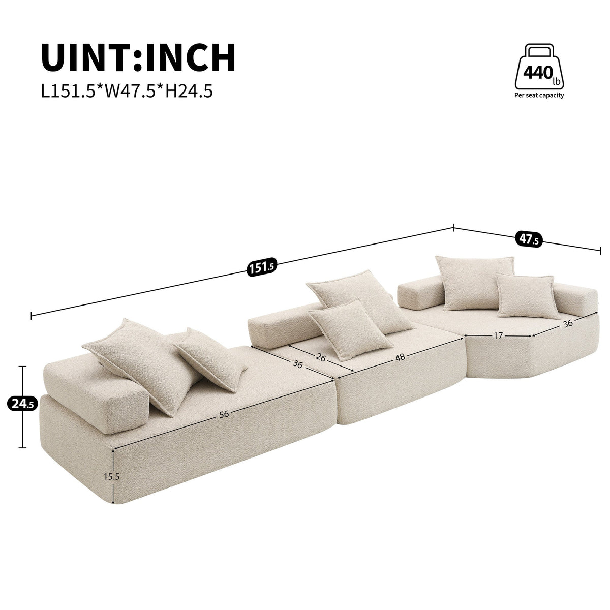 Ponadwymiarowa modułowa sofa narożna, luksusowy zestaw kanap podłogowych z tkaniny boucle, rozkładana kanapa, przestronna sofa z wypełnieniem piankowym F