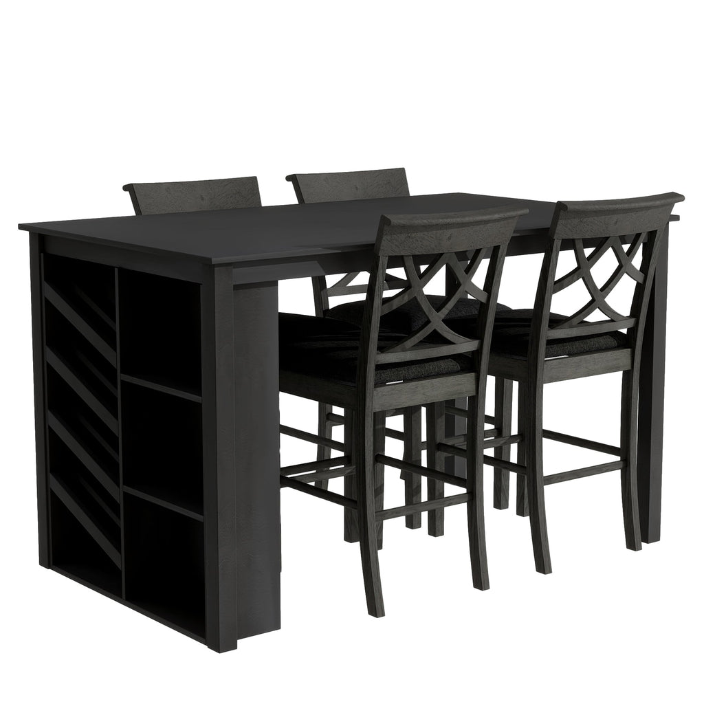 Updated Counter Height 5-Piece Solid Wood Dining Table Set, 59*35.4Inch Table With Curved Wine Rack and 4 Upholstered Ch