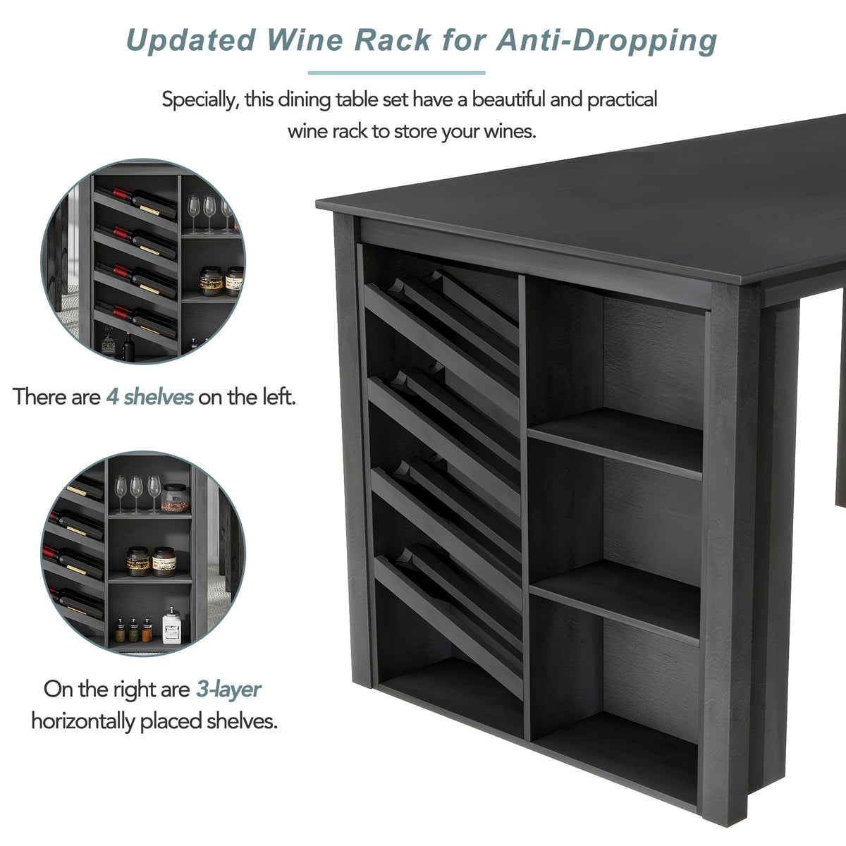Updated Counter Height 5-Piece Solid Wood Dining Table Set, 59*35.4Inch Table With Curved Wine Rack and 4 Upholstered Ch