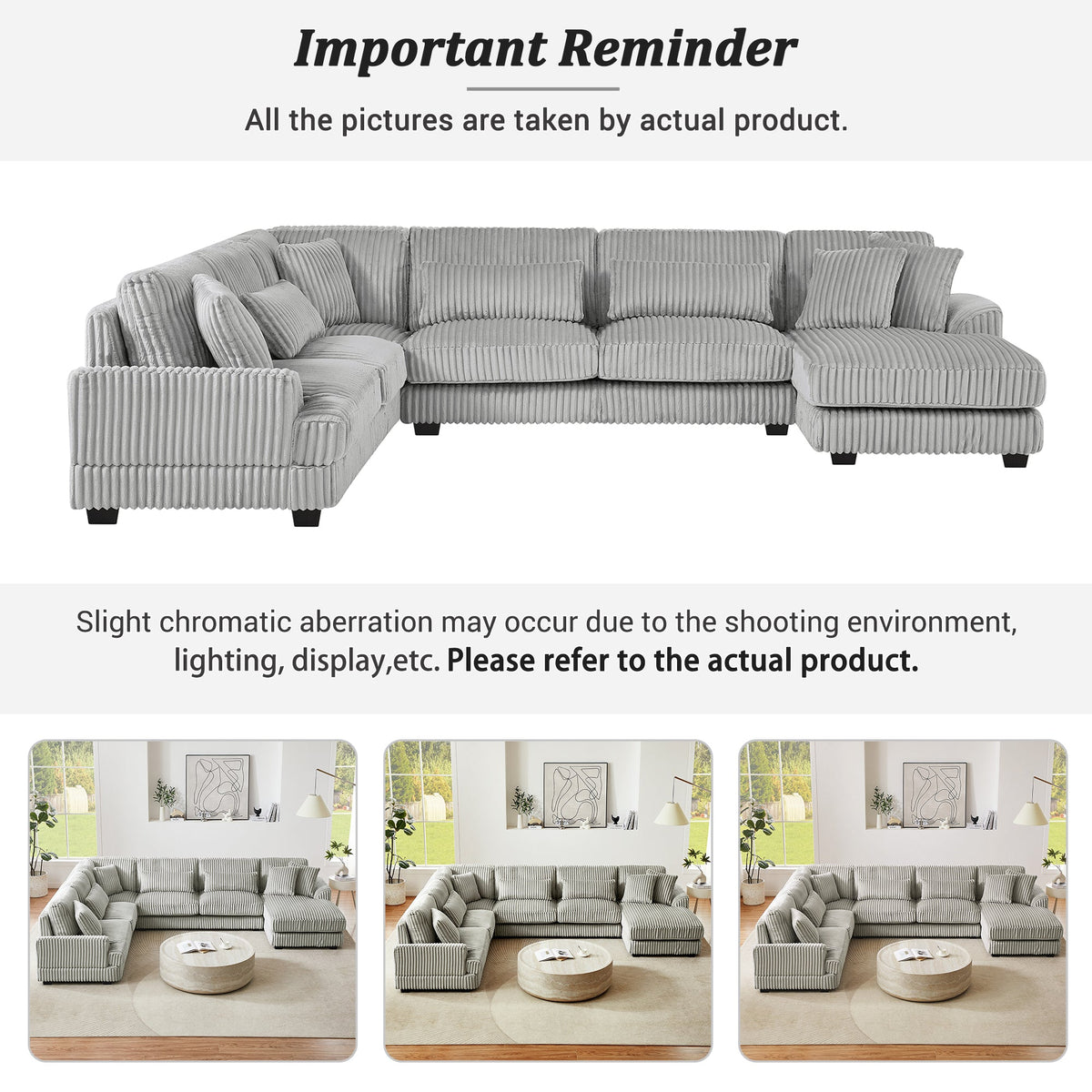 129" Oversized Sectional Sofa U-Shaped Sofa Couch Modern Sofa Upholstered in Soft Corduroy With a Chaise Lounge for Livi