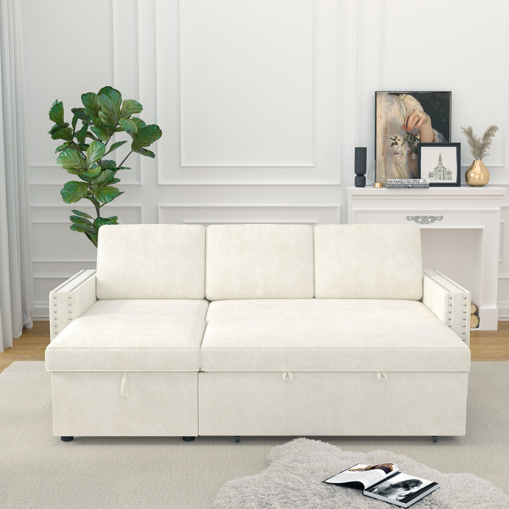 85 Inches Sofa Bed, 3 Seater Sleeper Sofa With Storage Chaise, Square Handrail With Pull and Copper Nail,Chenille , Pull