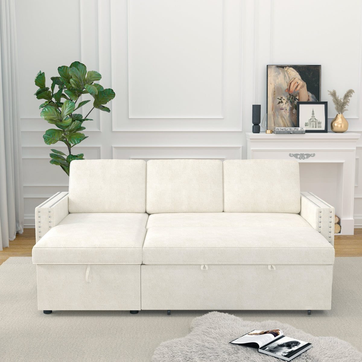 85 Inches Sofa Bed, 3 Seater Sleeper Sofa With Storage Chaise, Square Handrail With Pull and Copper Nail,Chenille , Pull