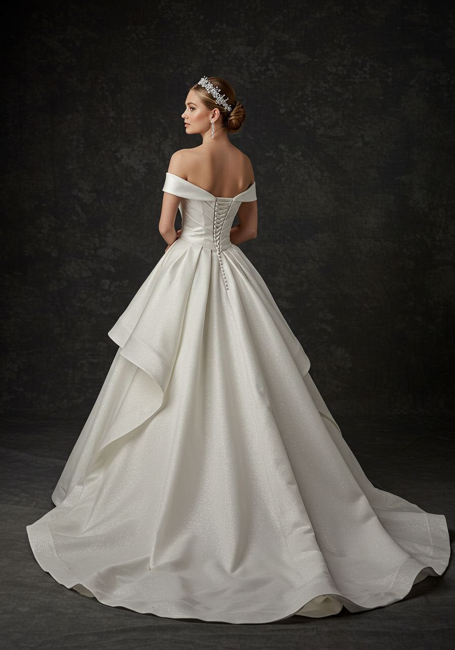Vestido de novia Amora blanco liso con hombros descubiertos y volantes