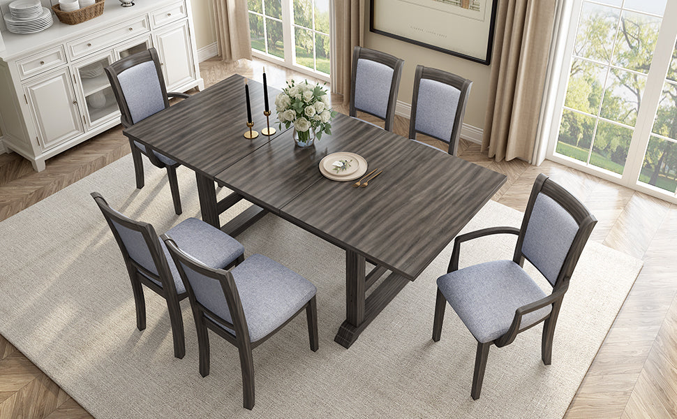 7-Piece Updated 76.9inch Extendable Trestle Dining Table Set With Removable Leaf, Kitchen Table Set With Upholstered Sid