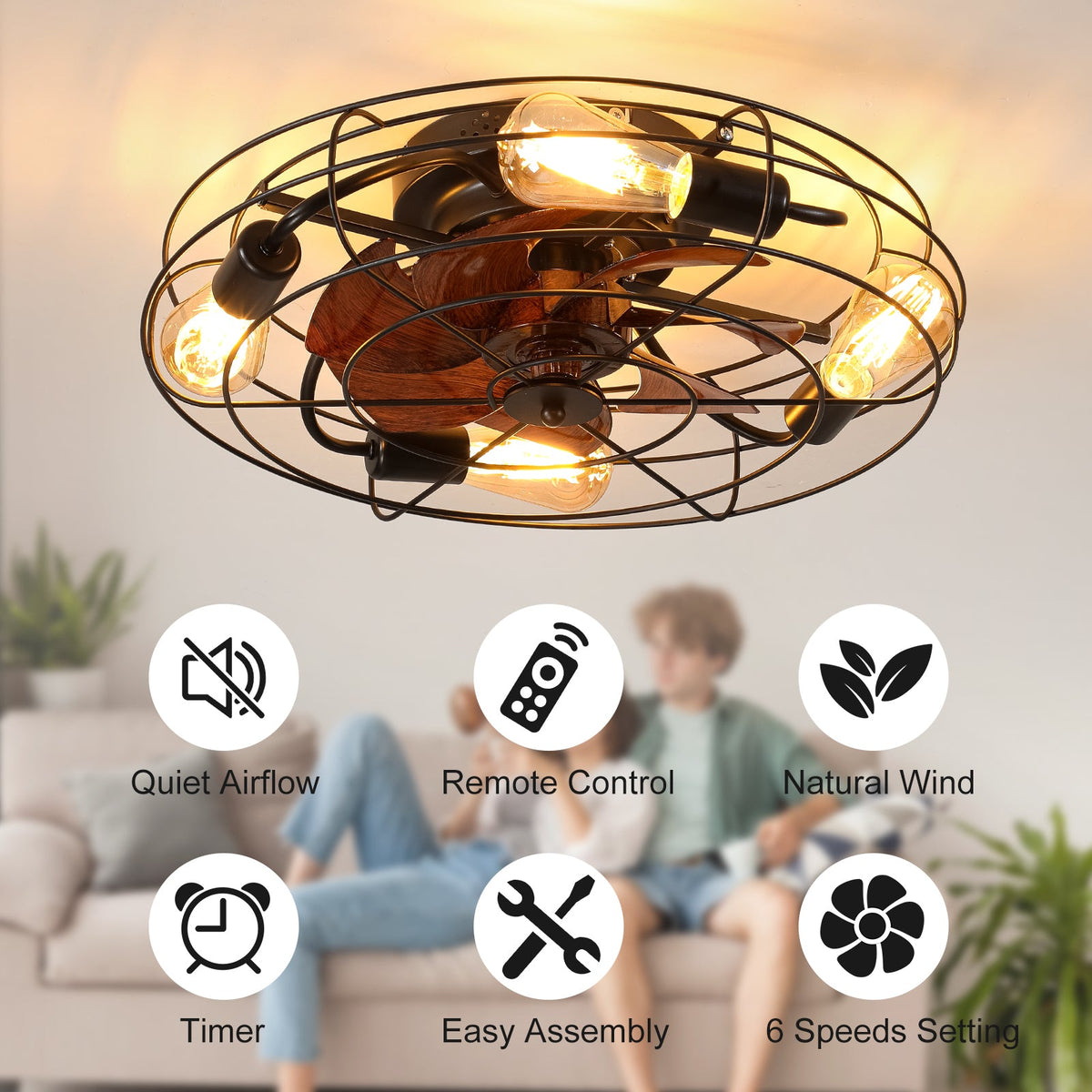 Käfig-Deckenventilator mit Licht, 20 Zoll flacher Landhaus-Deckenventilator mit Beleuchtung und Fernbedienung, moderner geschlossener Deckenventilator für 4x E26-Leuchtmittel
