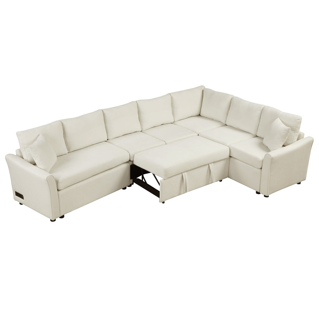 124.8"l-Shaped Sofa Convertible Sofa Bed Pull Out Sofa Sleeper With Two Back Pillows, Two USB Ports and Two Power Socket