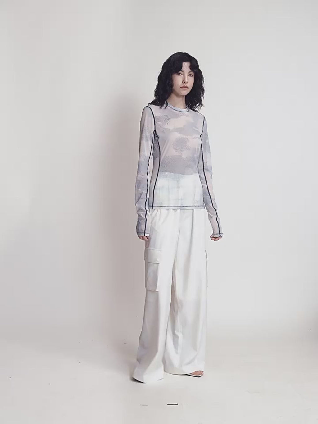 Smudge-Printed Mesh Slightly See-Through Long-Sleeved T-Shirt for Women