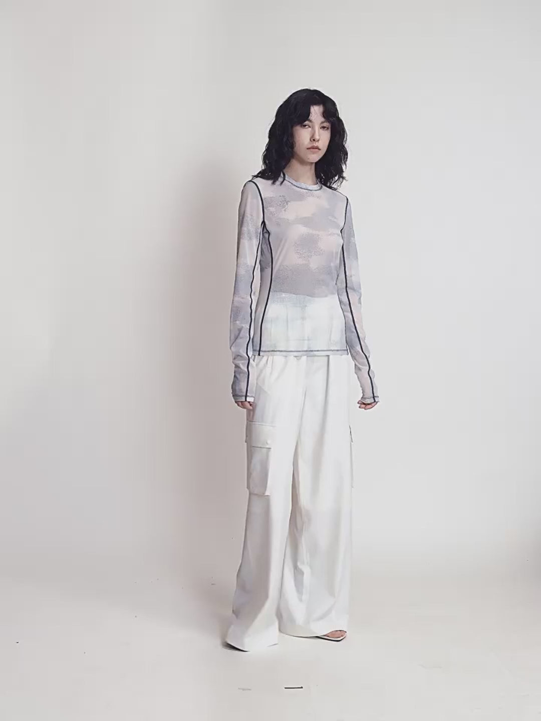 Smudge-Printed Mesh Slightly See-Through Long-Sleeved T-Shirt for Women