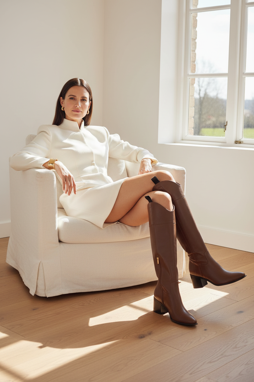 Canna Brown Calf Leather Knee-High Riding Boots – 6.5cm Block Heel