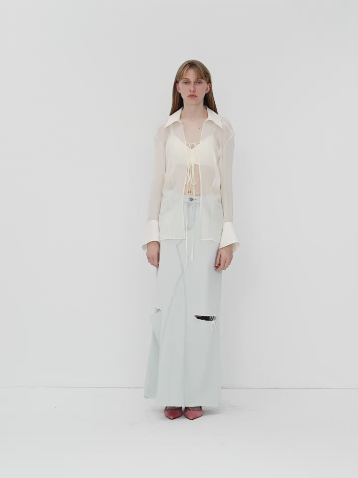 Silk Chiffon Light and Hazy Feeling Cool Drape Lace-Up Sun Protection Shirt Summer "Hazy Moonlight"