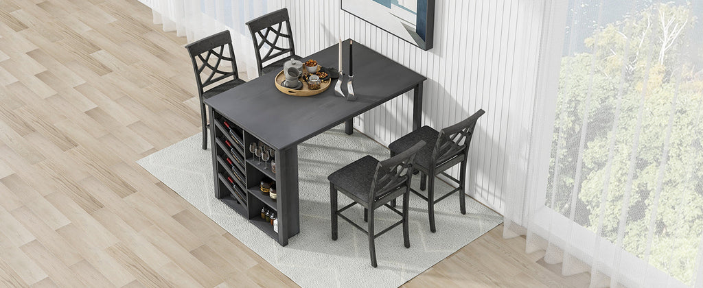 Updated Counter Height 5-Piece Solid Wood Dining Table Set, 59*35.4Inch Table With Curved Wine Rack and 4 Upholstered Ch