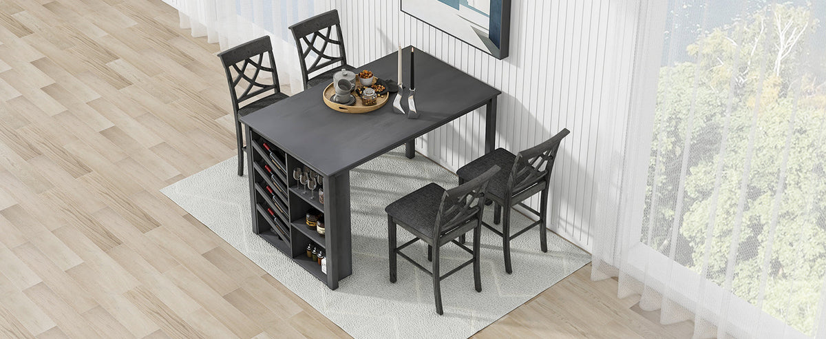 Updated Counter Height 5-Piece Solid Wood Dining Table Set, 59*35.4Inch Table With Curved Wine Rack and 4 Upholstered Ch