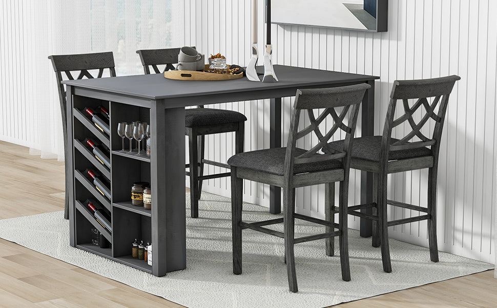 Updated Counter Height 5-Piece Solid Wood Dining Table Set, 59*35.4Inch Table With Curved Wine Rack and 4 Upholstered Ch