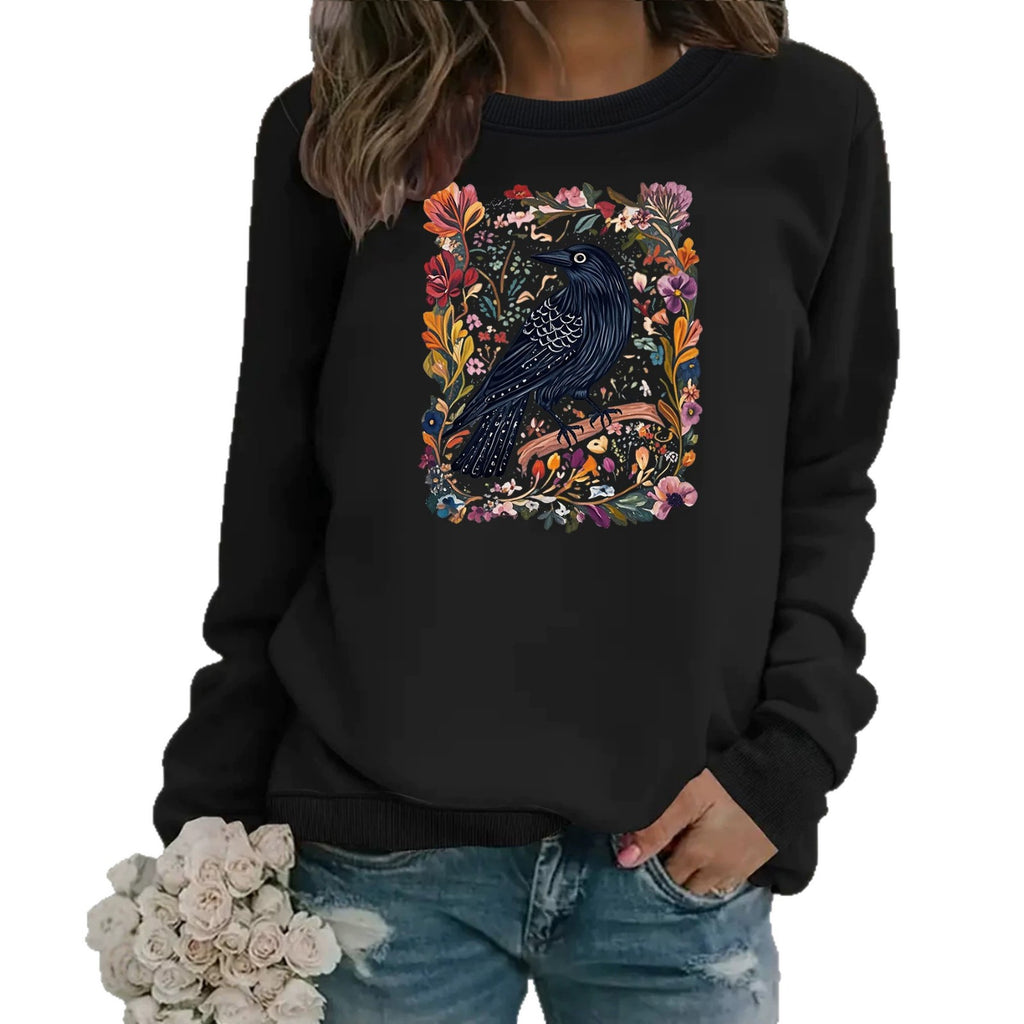 Crow print round neck fleece hoodie