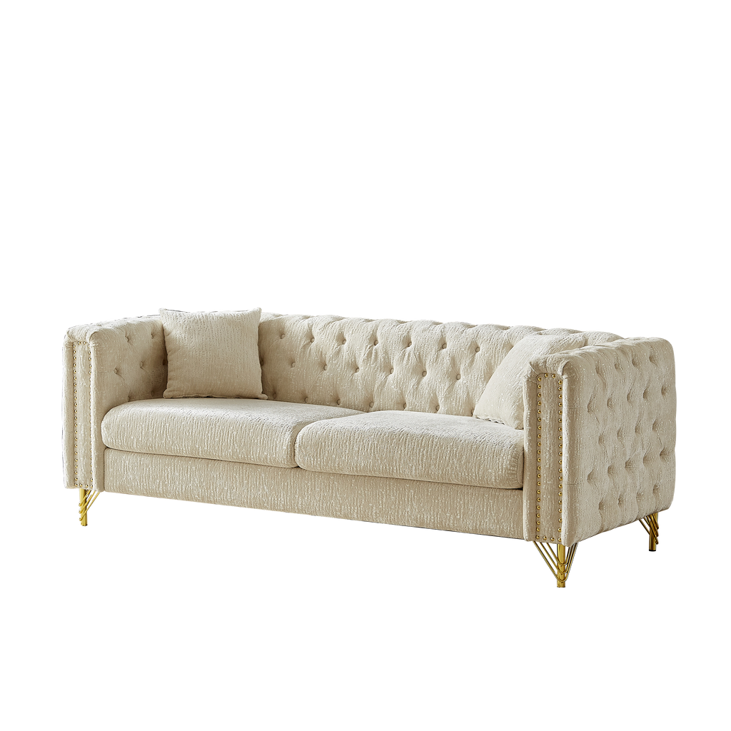82-tums soffa i chenille med dragspännesdesign för vardagsrum, knapptuftad med kopparnagelsdekoration på armstödet, modern soffa