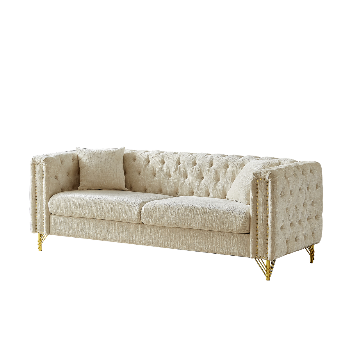 82-tums soffa i chenille med dragspännesdesign för vardagsrum, knapptuftad med kopparnagelsdekoration på armstödet, modern soffa