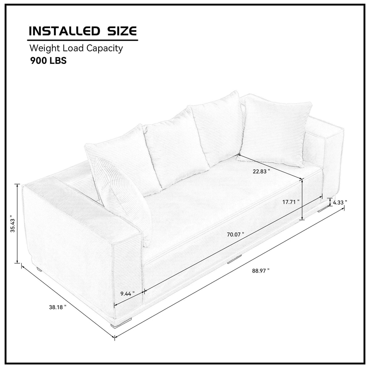 88.97'' Corduroy Sofa With 5 Matching Toss Pillows Modern Upholstered Sofa Including Bottom Frame for Bedroom, Apartment