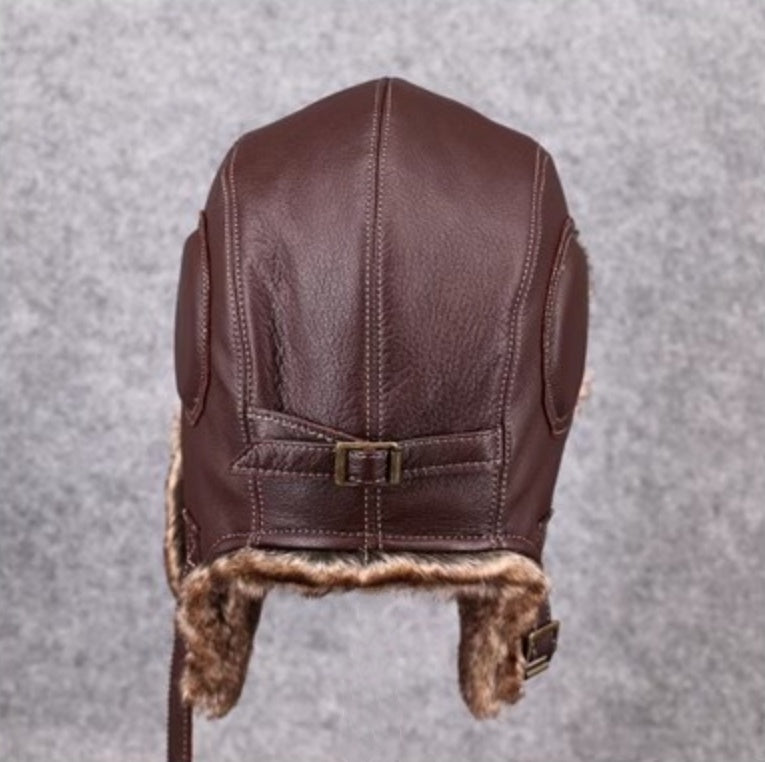 Unisex – czapka lotniczka w stylu vintage z naturalnej skóry owczej i bawełny
