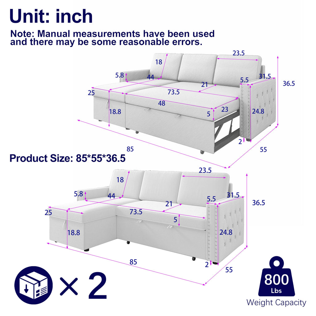 85 Inches Sofa Bed, 3 Seater Sleeper Sofa With Storage Chaise, Square Handrail With Pull and Copper Nail,Chenille , Pull