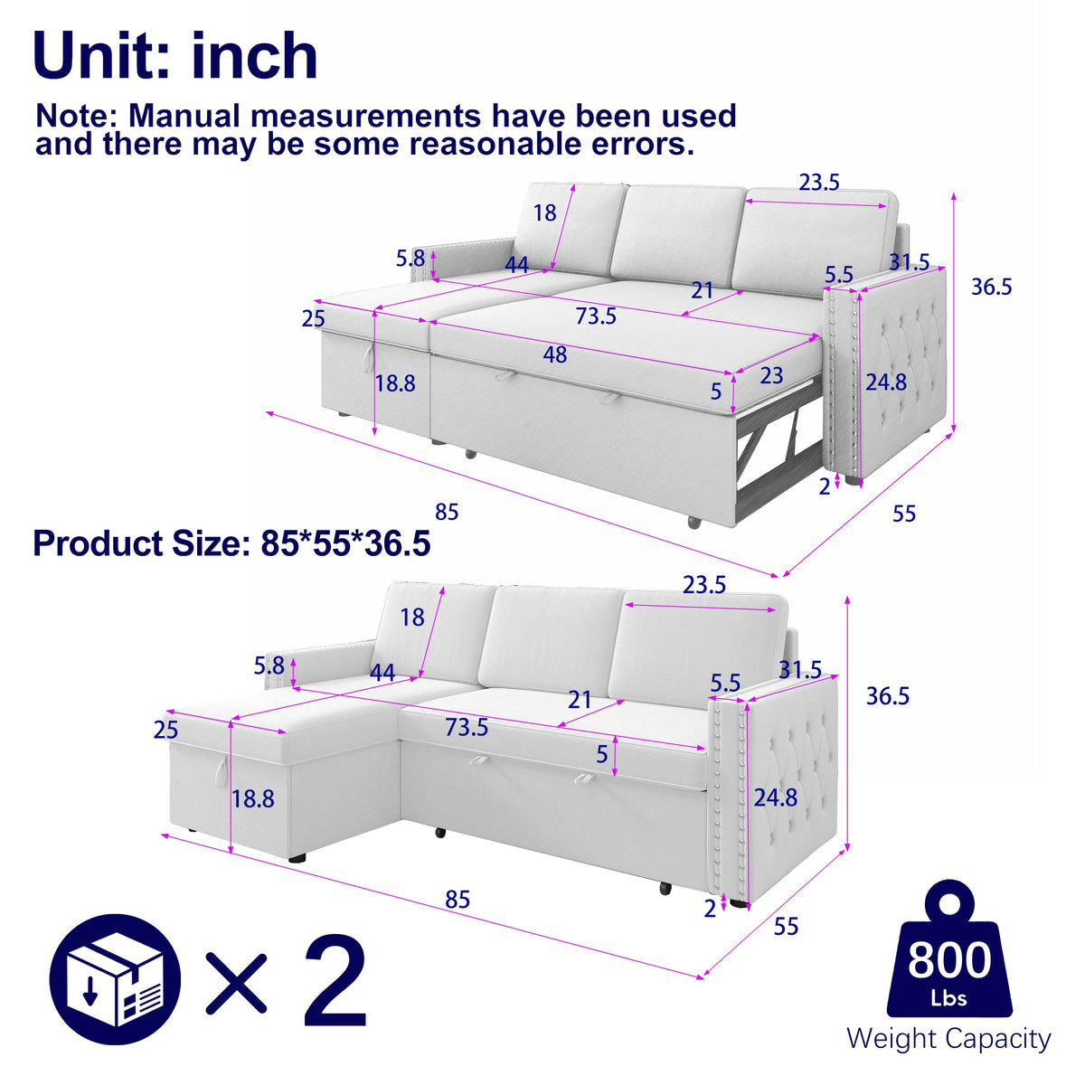 85 Inches Sofa Bed, 3 Seater Sleeper Sofa With Storage Chaise, Square Handrail With Pull and Copper Nail,Chenille , Pull