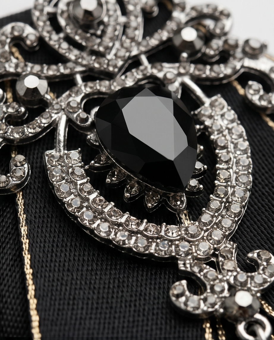 Bold Black Ribbon Bow Tie With Statement Gemstone Brooch