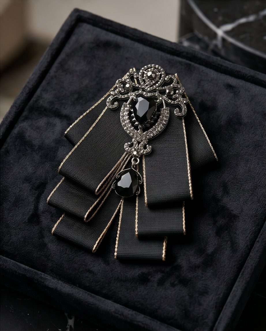 Bold Black Ribbon Bow Tie With Statement Gemstone Brooch