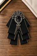 Bold Black Ribbon Bow Tie With Statement Gemstone Brooch