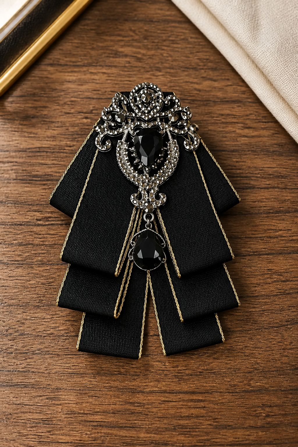 Bold Black Ribbon Bow Tie With Statement Gemstone Brooch