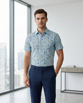 Sky Blue Checkered Short-Sleeve Shirt With Delicate Floral Print