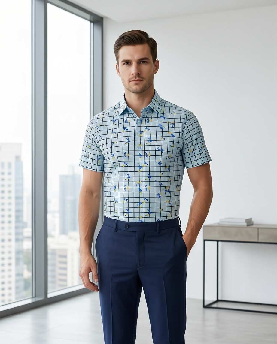 Sky Blue Checkered Short-Sleeve Shirt With Delicate Floral Print