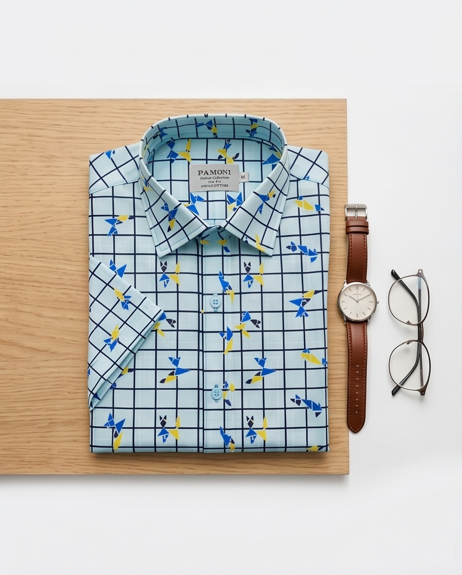 Sky Blue Checkered Short-Sleeve Shirt With Delicate Floral Print